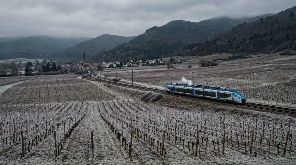 A regional train crossing snowy Alsace vineyards below the Vosges hills on a grey December morning