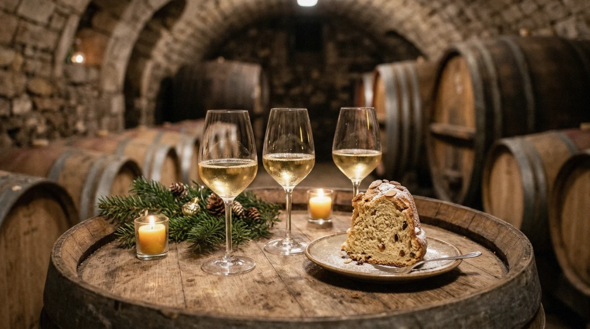 Glasses of Alsace white wine and a slice of kougelhopf on a wooden barrel in a candlelit wine cellar