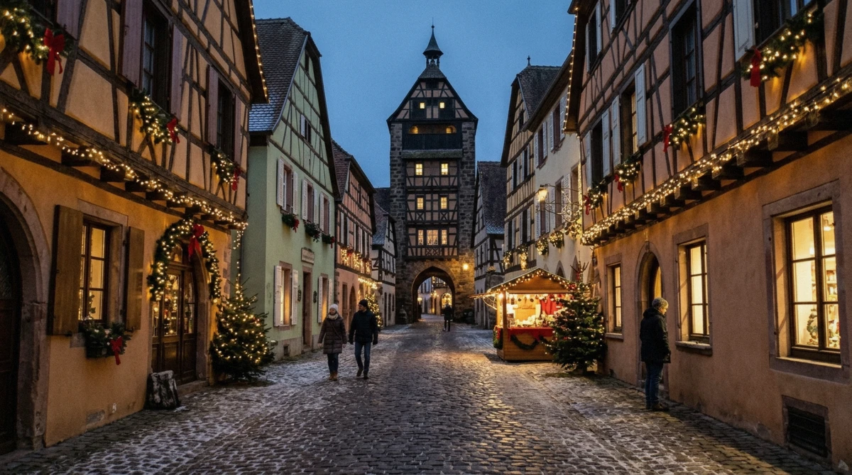The main street of an Alsace wine village at dusk in December, half-timbered houses hung with fir garlands and lights