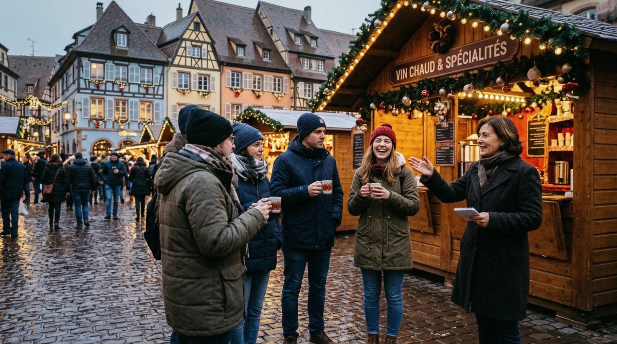 A small group in winter coats listening to a guide beside a lit wooden market hut on a cobbled square in Colmar at dusk