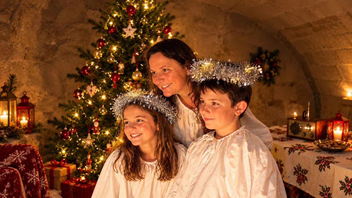 Two children with angel halos beside a woman and a lit Christmas tree in a stone wine cellar